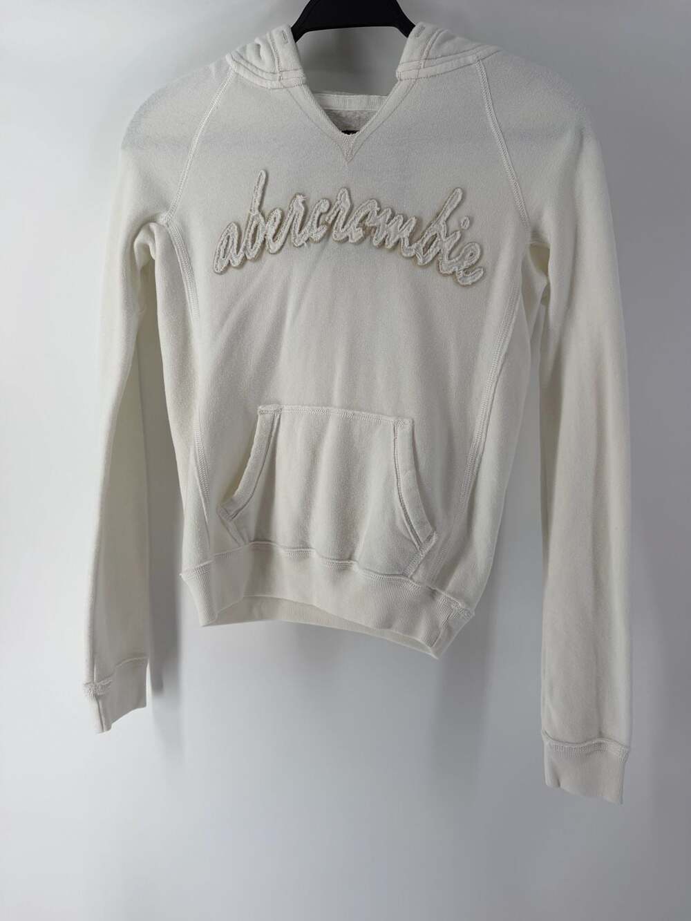 Abercrombie New York Logo Hoodie Size M Cream White Appliqué Y2K Preppy